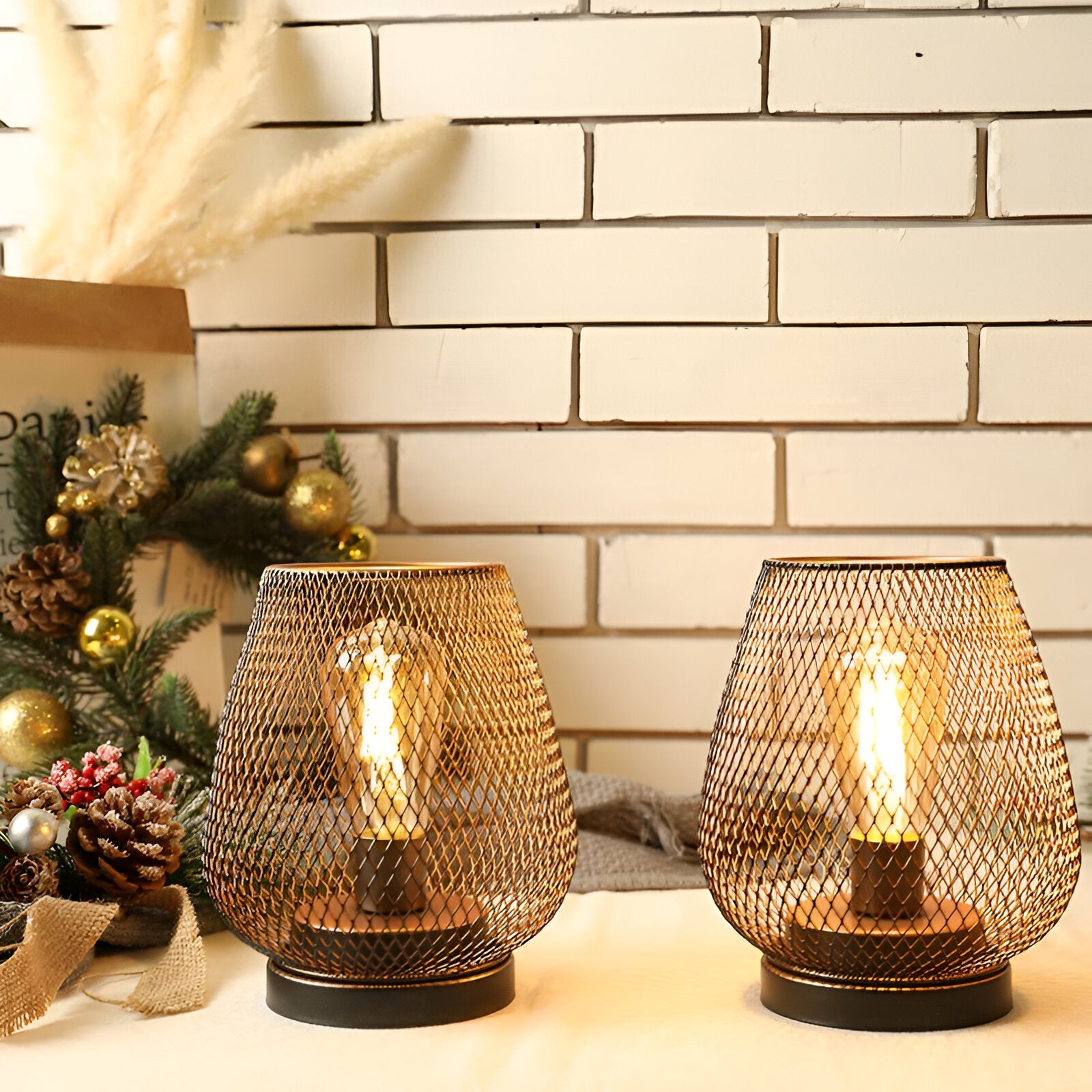 IronGlow - Bordslampa med Metallbur- Batteridriven LED-lykta (2-Pack)