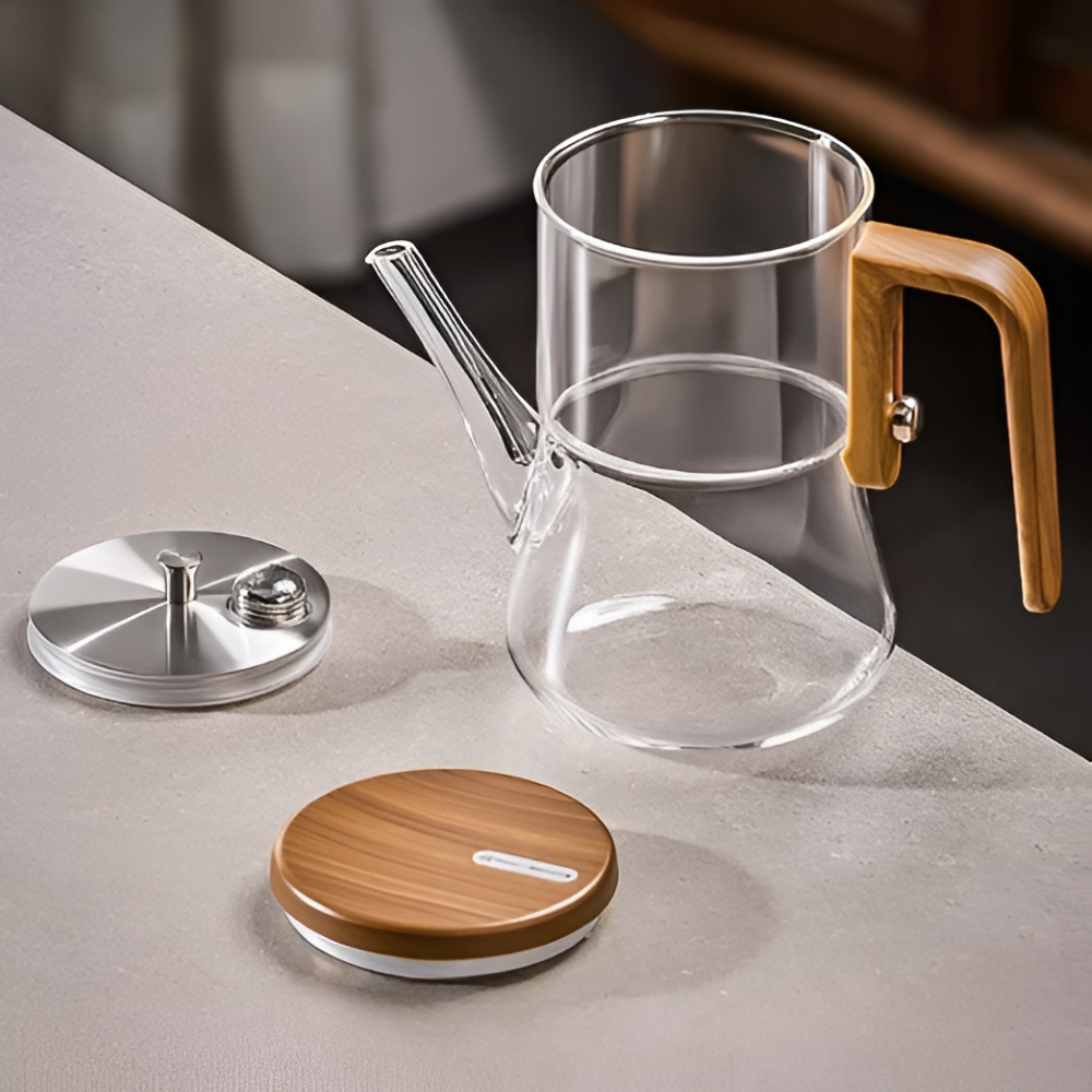 Premium Glastekanna 760 ml – Värmebeständigt Borosilikatglas med Magnetfilter och Träfinish