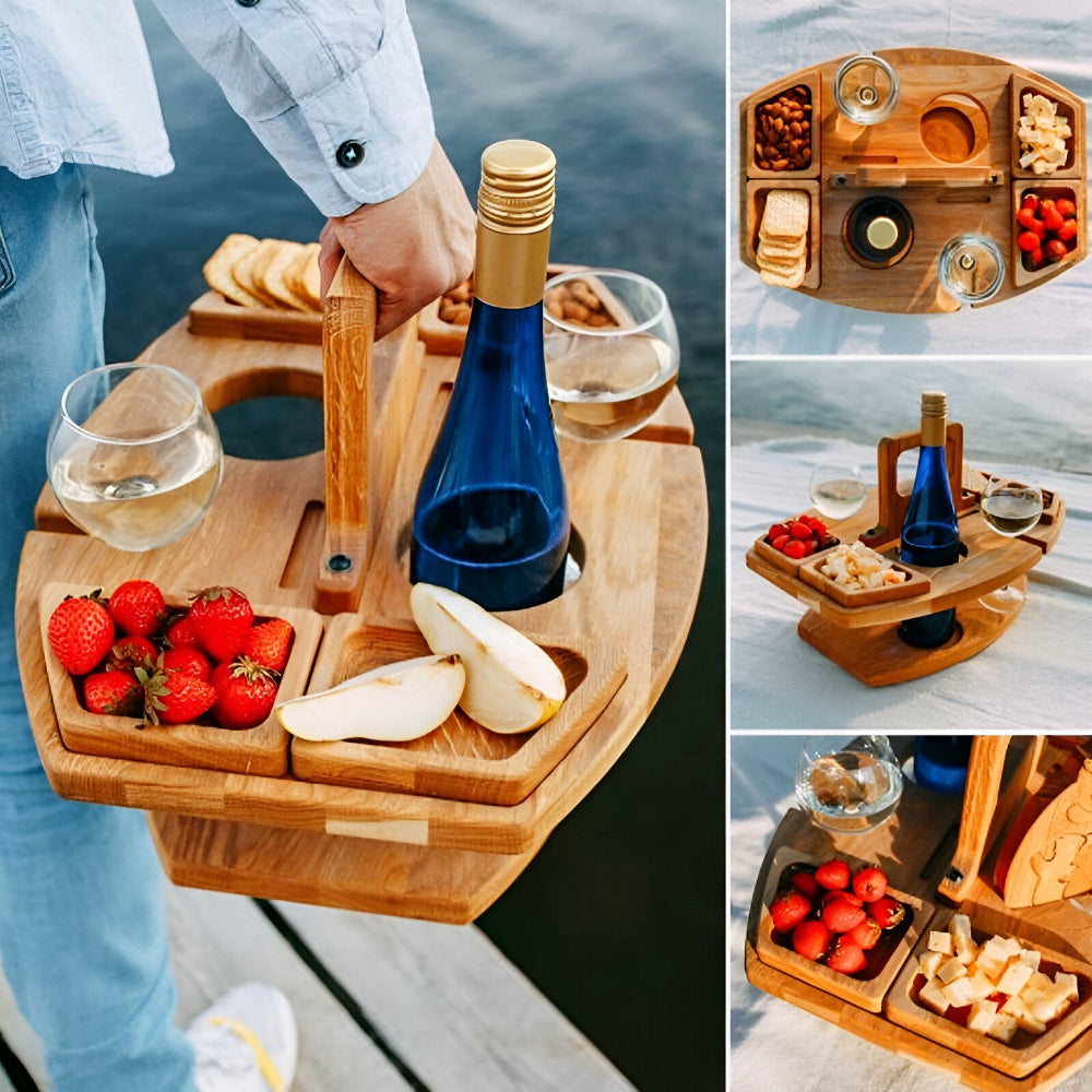Avtagbart Picknickbord i Trä med Vinfack – Perfekt för Utomhusaktiviteter
