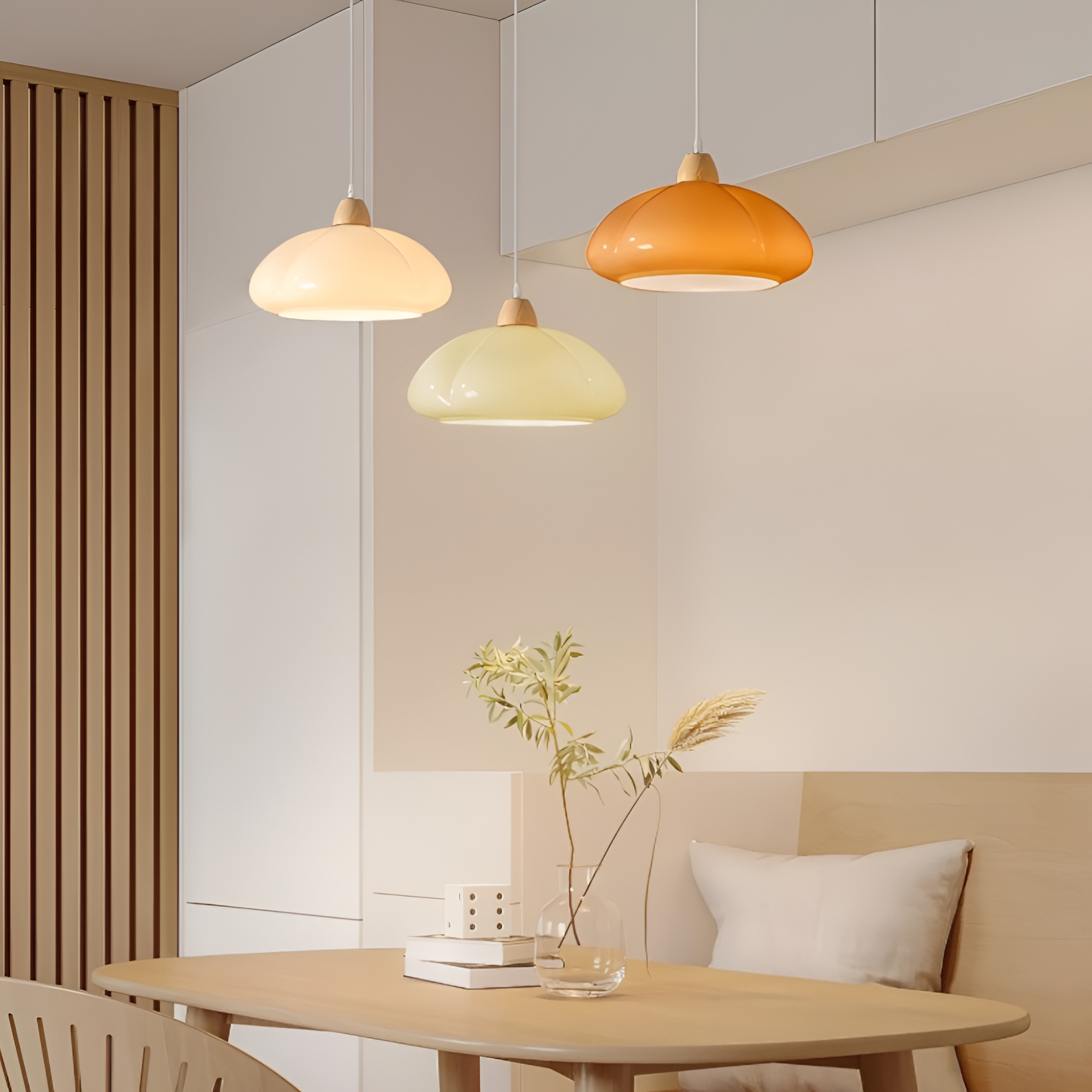 Pendellampa i retrostil - Pumpkin-inspirerad pendellampa i nordiskt glas och trä