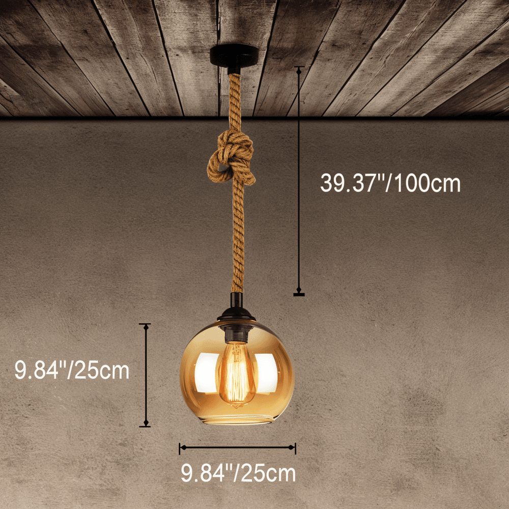 Rustik OrbLight - Pendellampa med Glasboll i Rep - Vintage Hängande Lampa