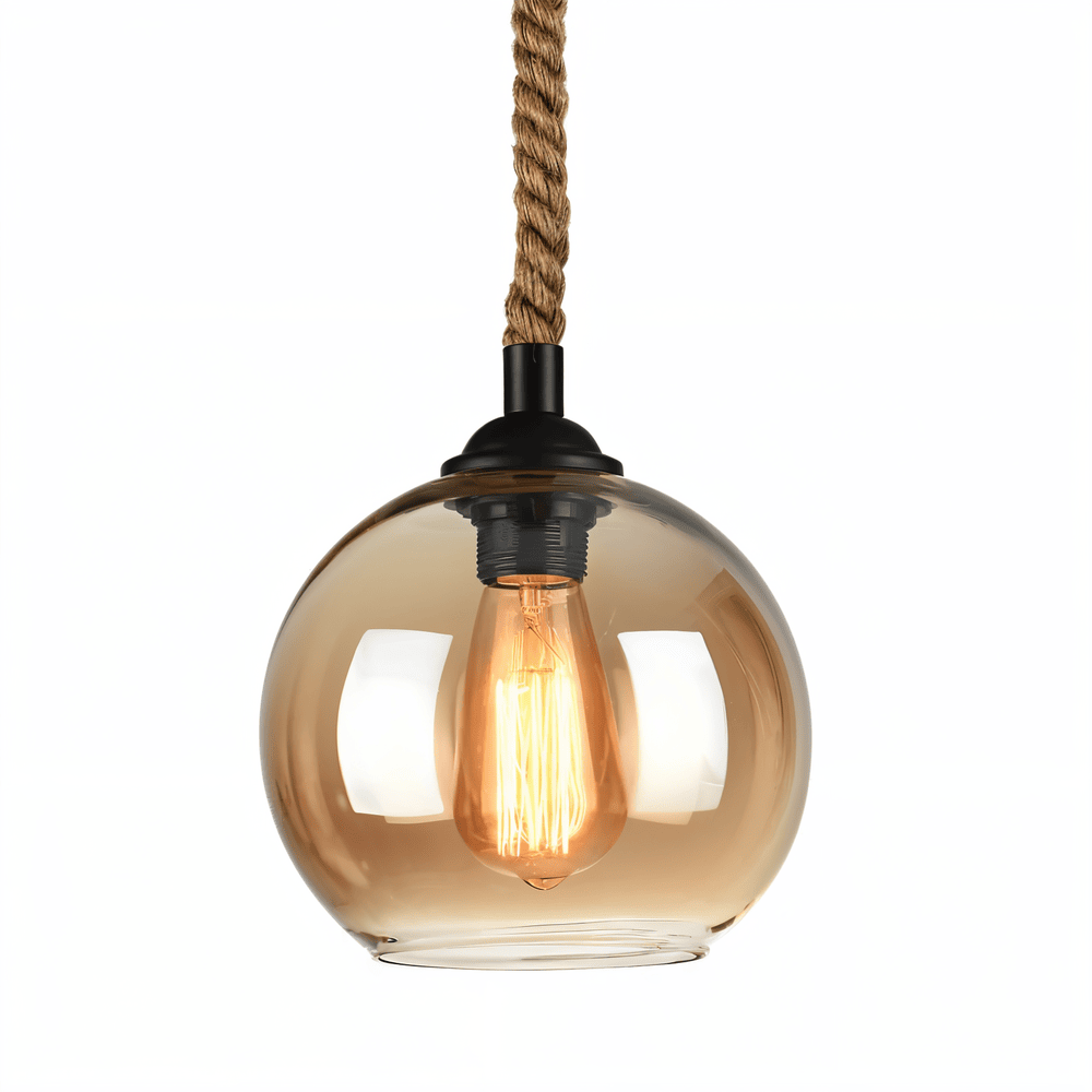 Rustik OrbLight - Pendellampa med Glasboll i Rep - Vintage Hängande Lampa