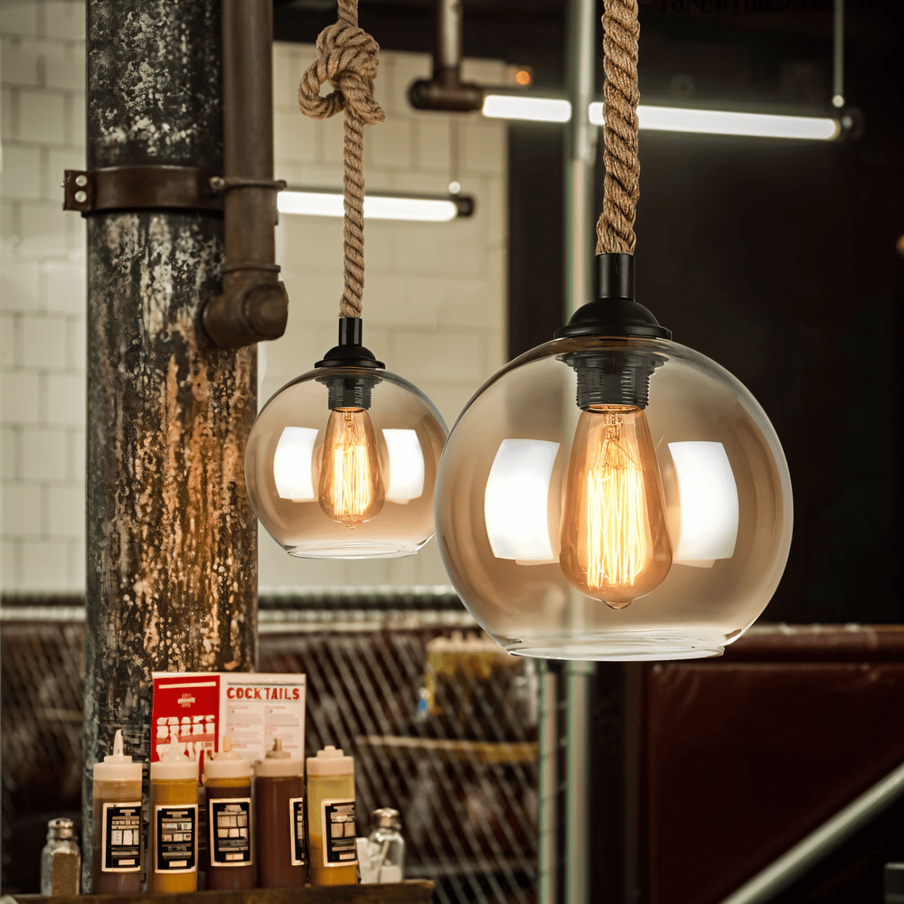 Rustik OrbLight - Pendellampa med Glasboll i Rep - Vintage Hängande Lampa