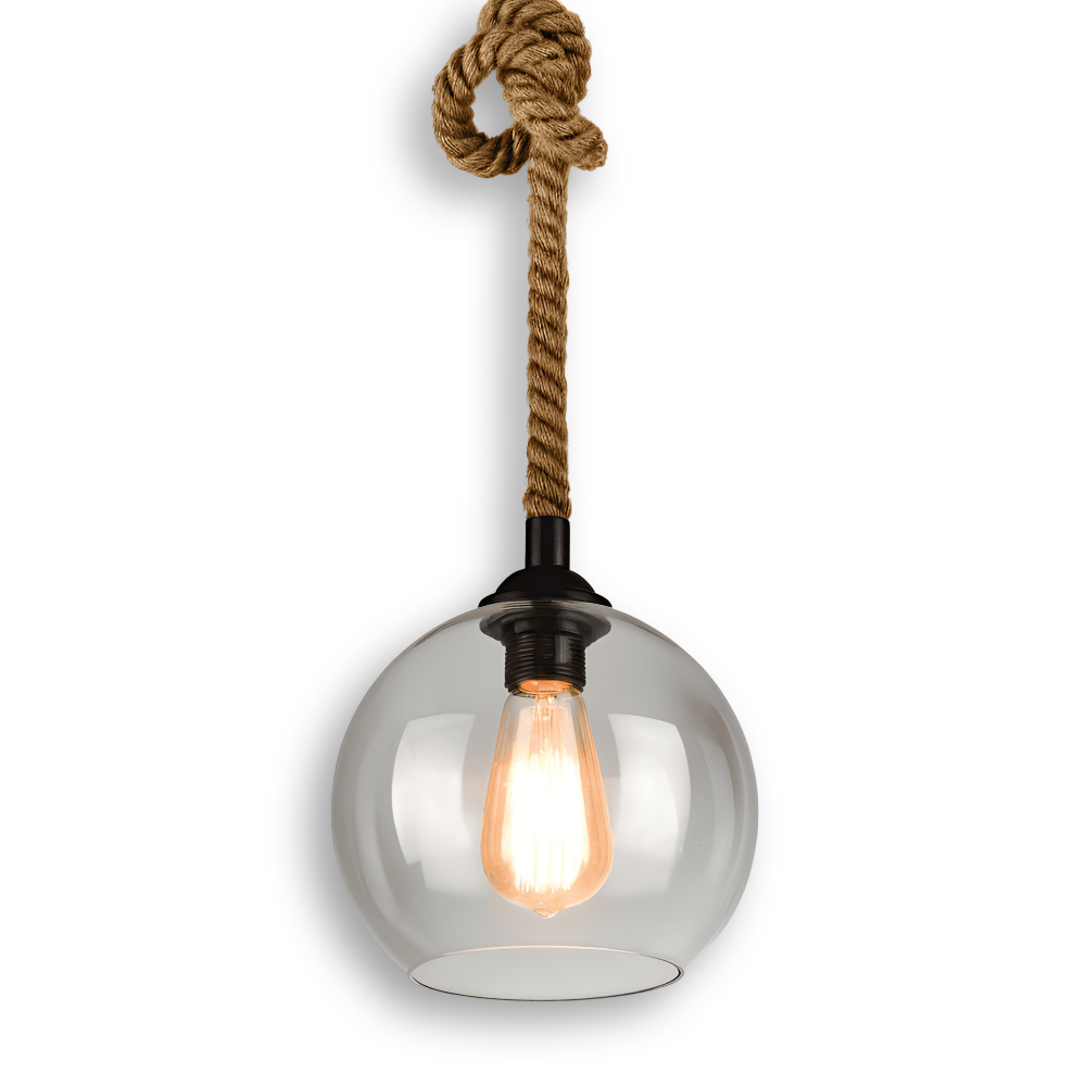 Rustik OrbLight - Pendellampa med Glasboll i Rep - Vintage Hängande Lampa