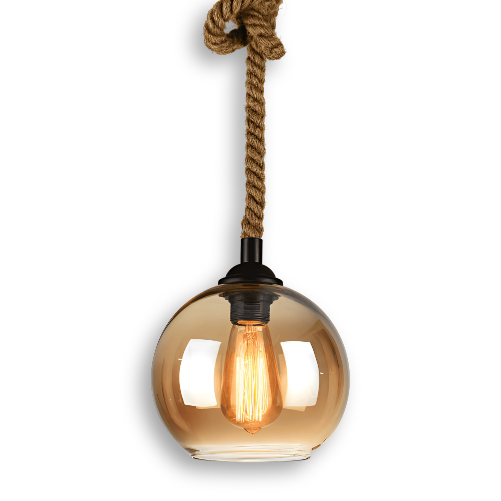 Rustik OrbLight - Pendellampa med Glasboll i Rep - Vintage Hängande Lampa