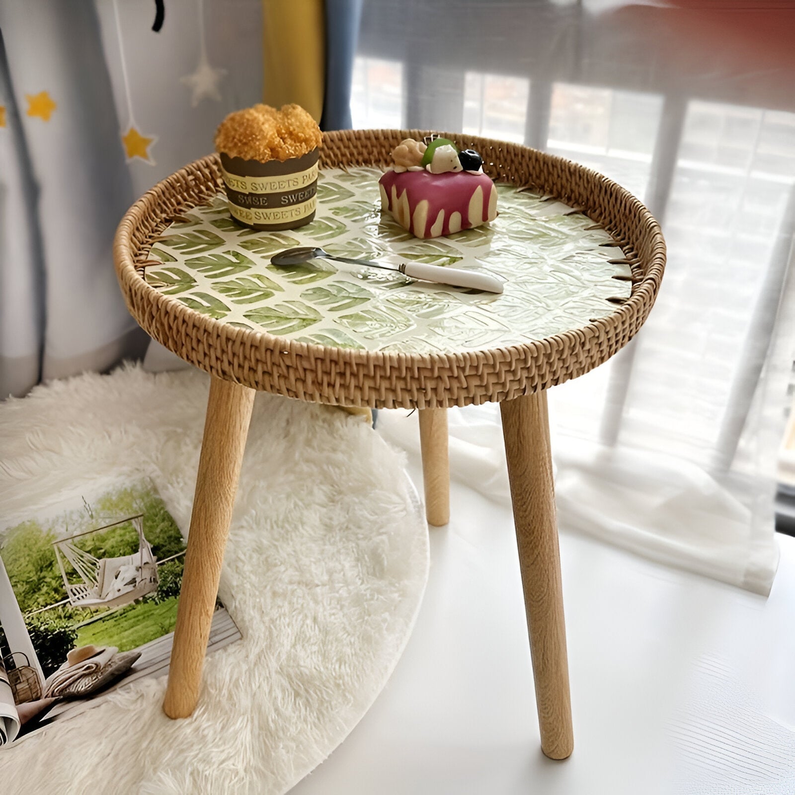 Scandi Soffbord - Handgjort Rattan Soffbord Runt - Soffbord i trä