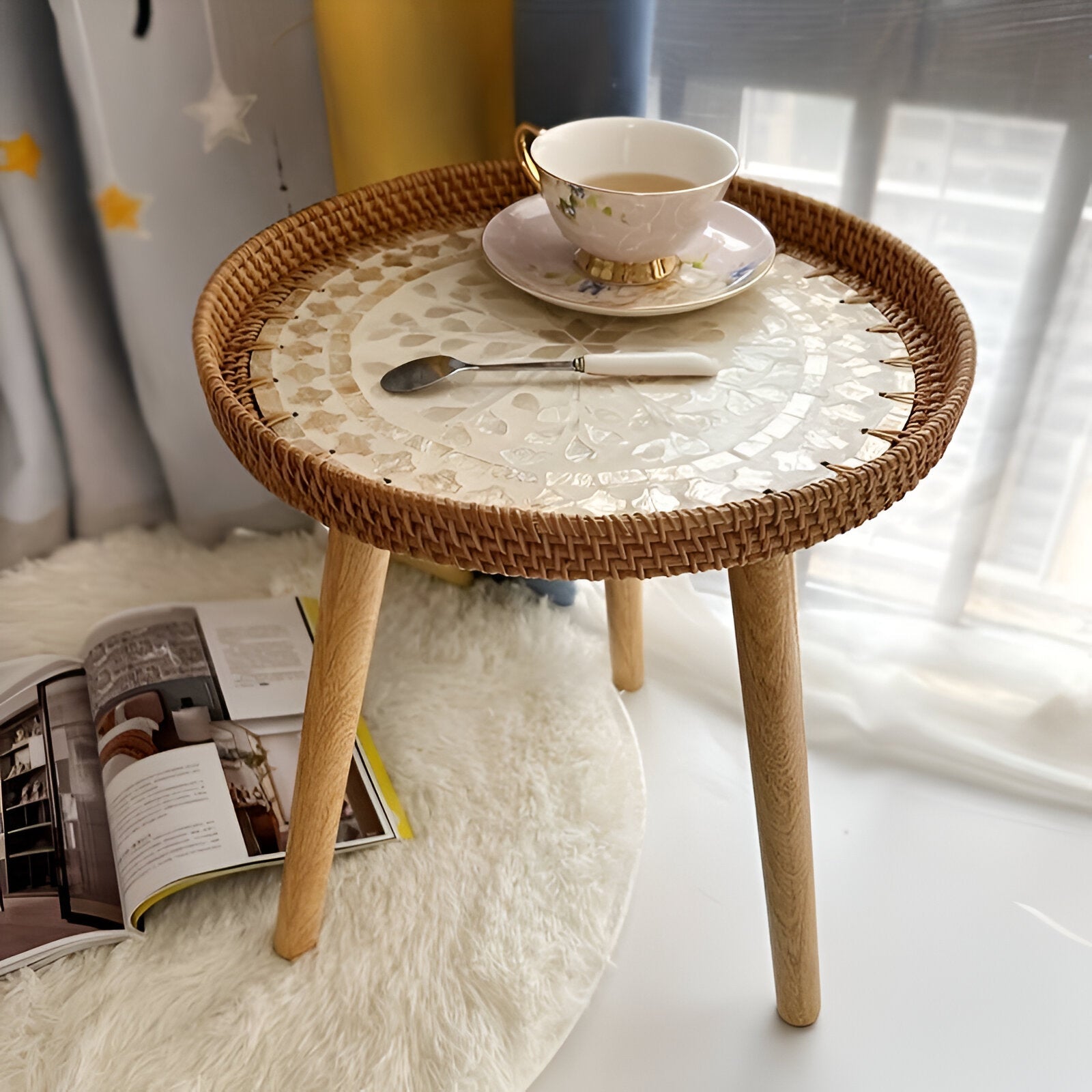 Scandi Soffbord - Handgjort Rattan Soffbord Runt - Soffbord i trä