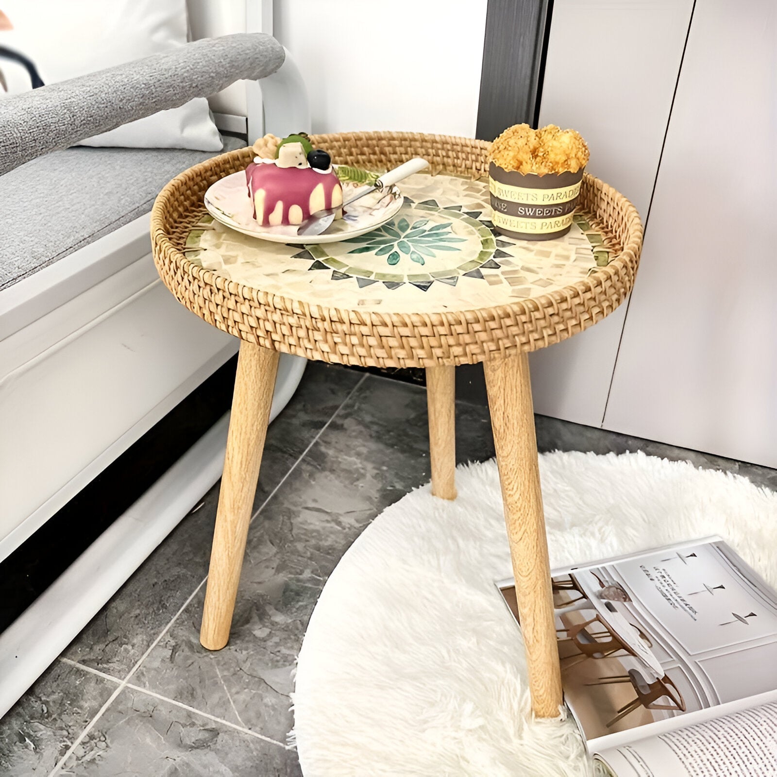 Scandi Soffbord - Handgjort Rattan Soffbord Runt - Soffbord i trä