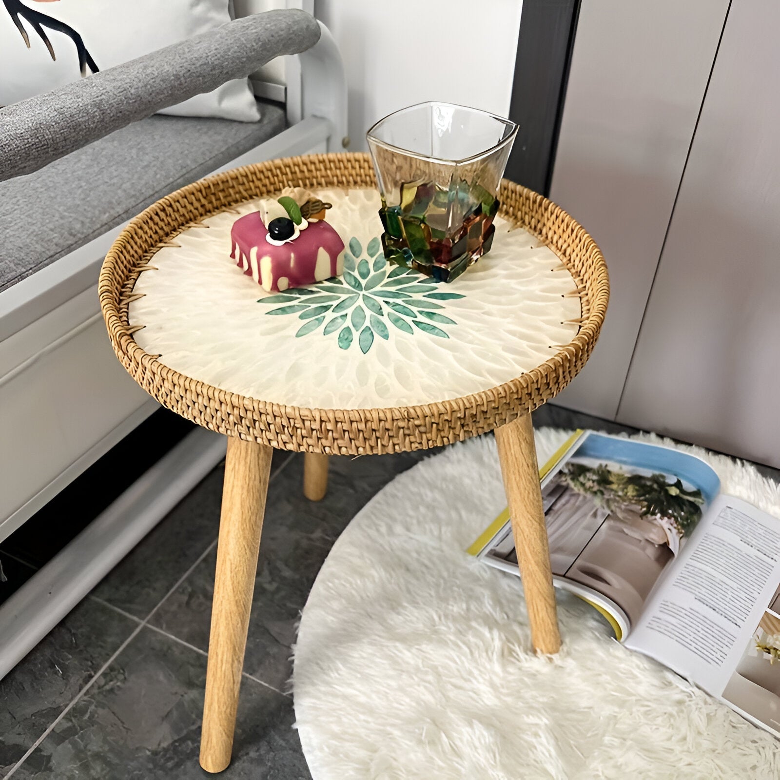 Scandi Soffbord - Handgjort Rattan Soffbord Runt - Soffbord i trä