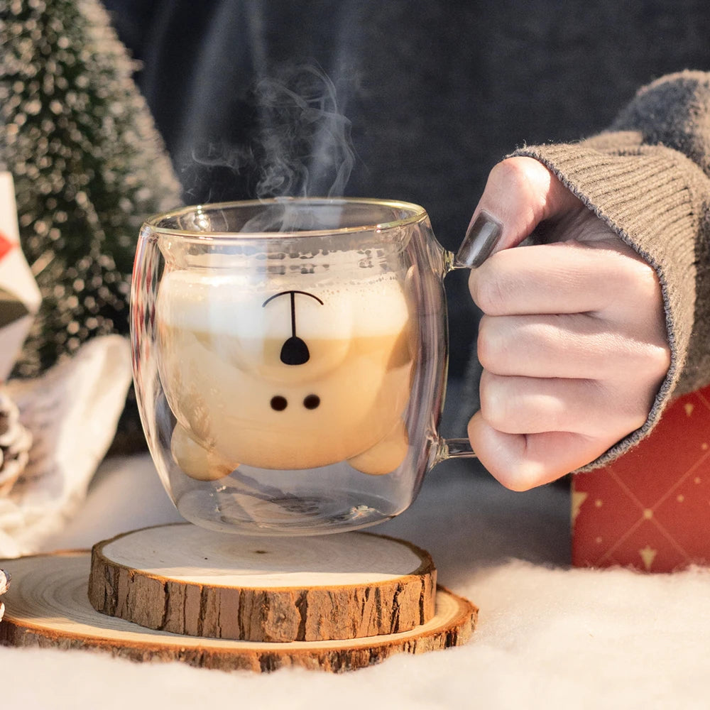 Söt dubbelväggig kaffemugg - borosilikatglas med björnmotiv för iskaffe och mjölkte - 260ml 1