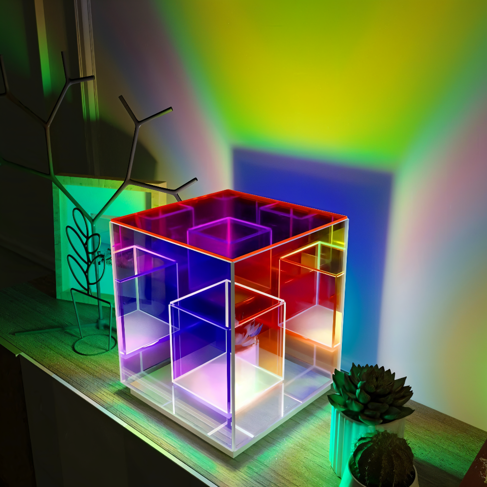 Spectra-Cube Bordslampa - Regnbågsakryl LED-lampa med Fascinerande 3D Illusion