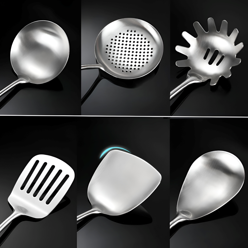 Köksredskapsset i Rostfritt Rtål, Silver, 6 delar – Köksredskap med Trähandtag – inkl. Stekspade, Slev och Pastaslev