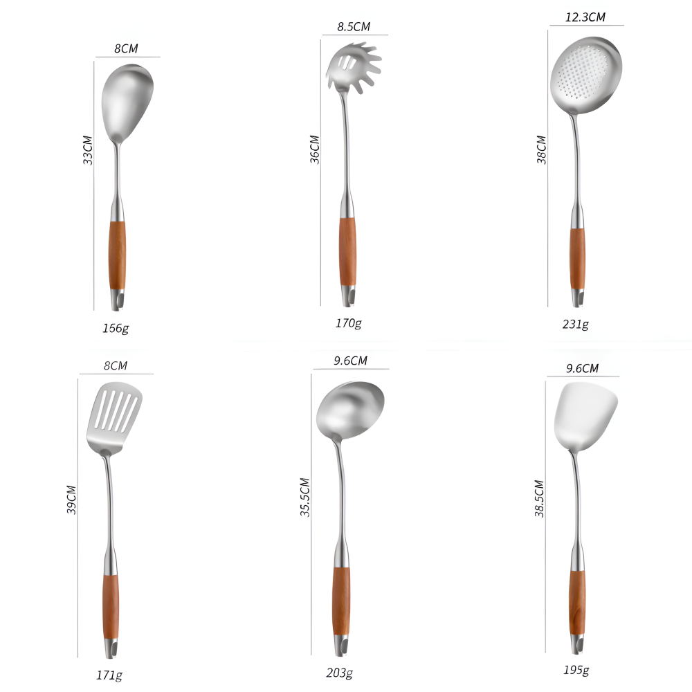 Köksredskapsset i Rostfritt Rtål, Silver, 6 delar – Köksredskap med Trähandtag – inkl. Stekspade, Slev och Pastaslev