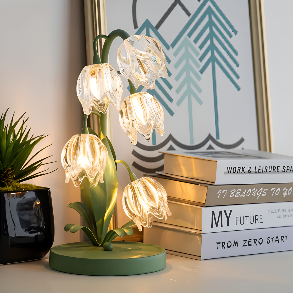 Tulpanlampa - Frostad Glasblomma Bordslampa - Energibesparande USB LED Dekorationsljus