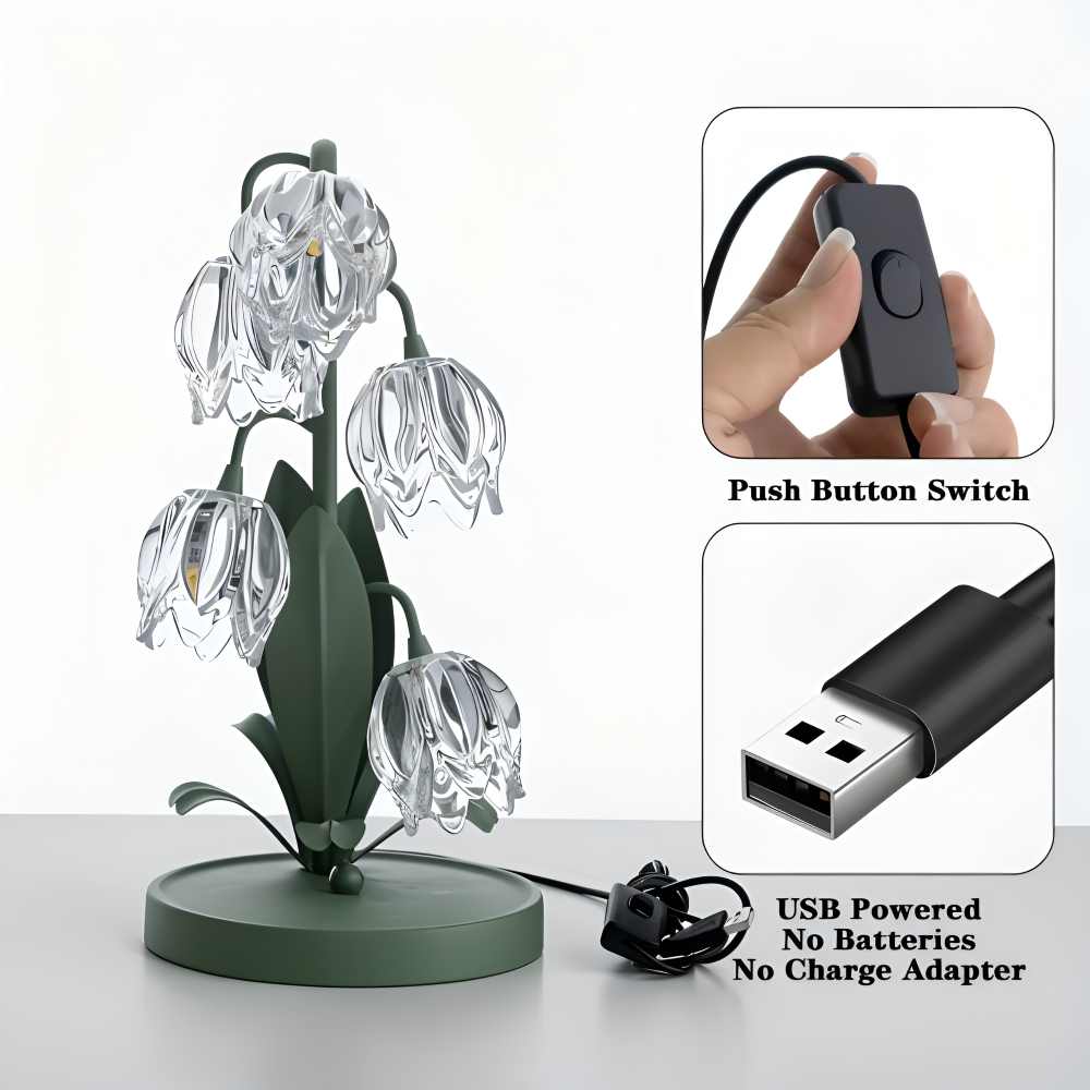 Tulpanlampa - Frostad Glasblomma Bordslampa - Energibesparande USB LED Dekorationsljus