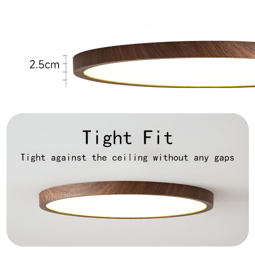 Ultradun Rund LED Taklampa i Valnötsträ för Stilig Belysning