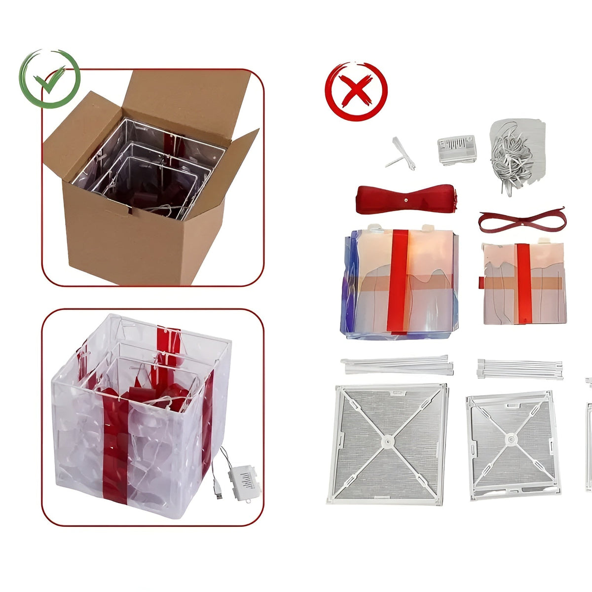 Dekorativa presentboxar med röda band och ljus