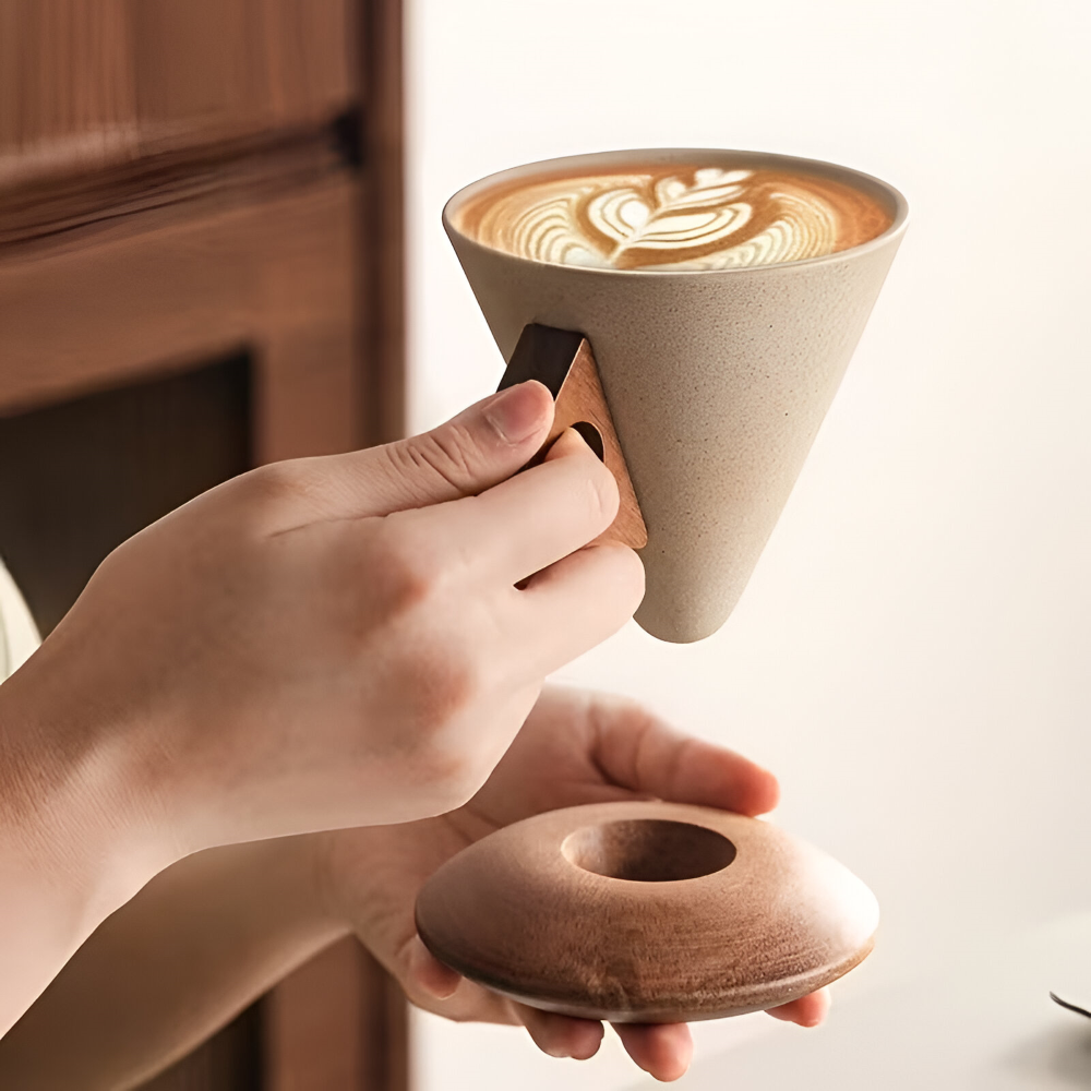 Vintage Keramik Kaffekoppar Set med Trähandtag – 200ml Espresso Koppar & Underskålar, Kegelform, Retro Design