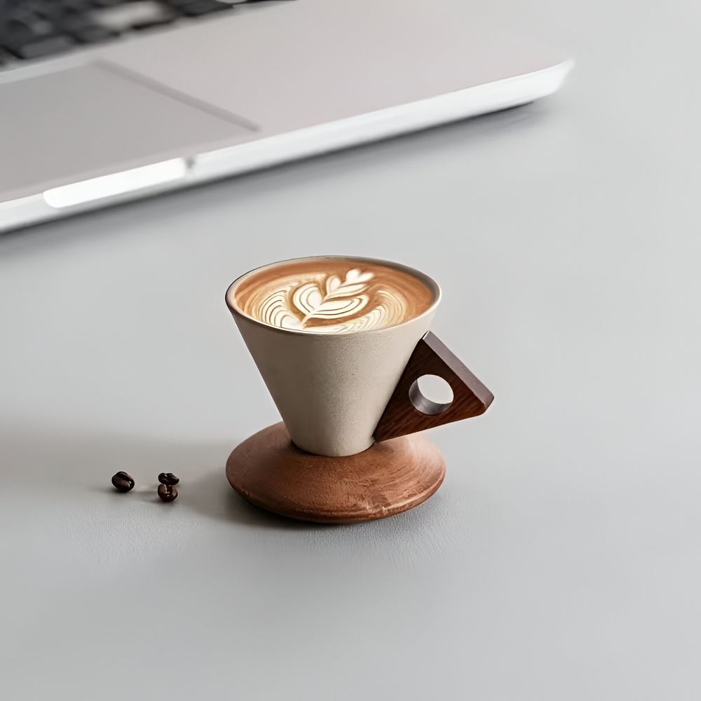Vintage Keramik Kaffekoppar Set med Trähandtag – 200ml Espresso Koppar & Underskålar, Kegelform, Retro Design