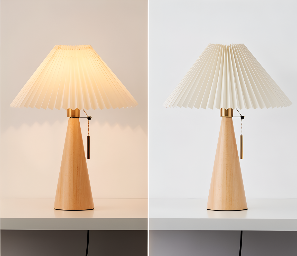 Vintage Bordslampa - Plisserad Bordslampa med Träfot