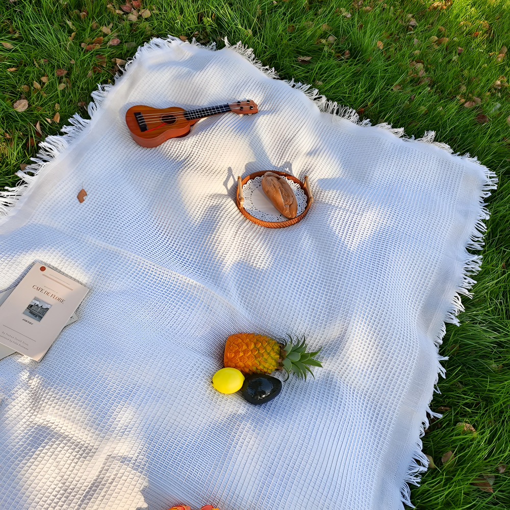 Vit Boho-picknickfilt med Tofsar – 90 x 150 cm, Bomullsblandad Utomhusmatta, Tvättbar