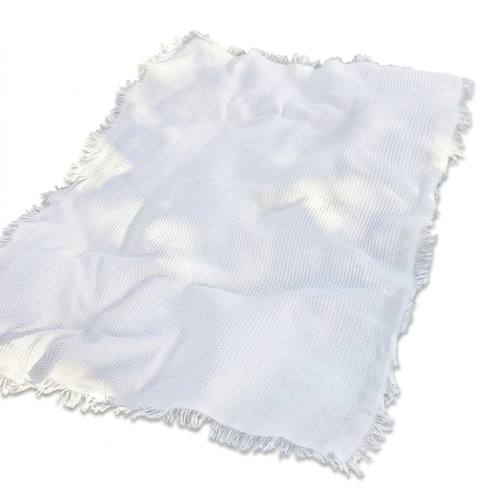 Vit Boho-picknickfilt med Tofsar – 90 x 150 cm, Bomullsblandad Utomhusmatta, Tvättbar