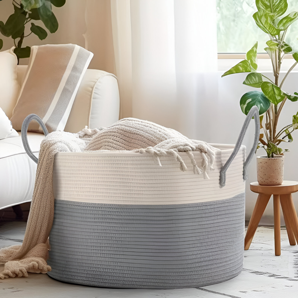 Flätad Förvaringskorg XL (51x34cm) – Tvättkorg & Leksakslåda, Brun/Grå