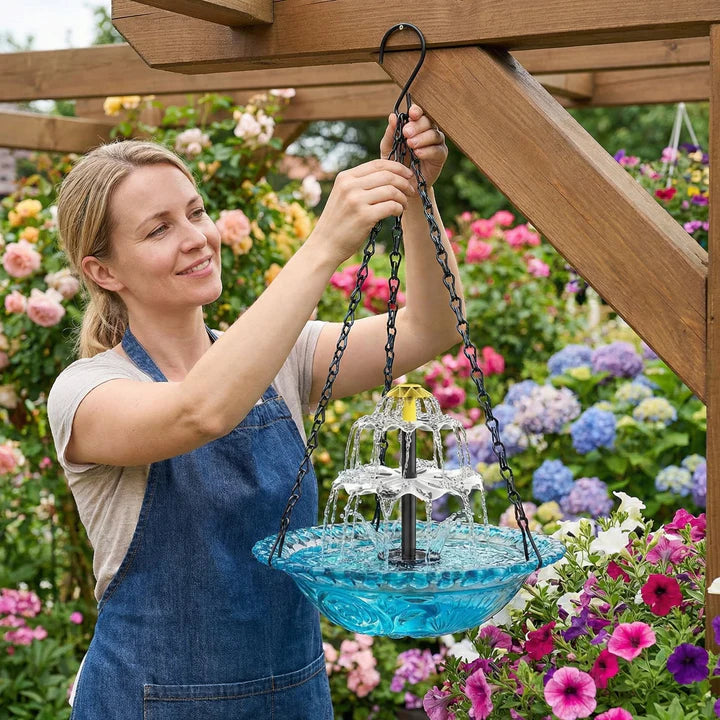 Solcellsdriven hängande fontän med tvåstegs-vattenfall