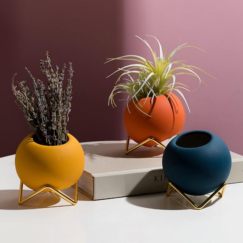 Keramisk blomkruka med metallställning Nordisk stil 10,5 cm