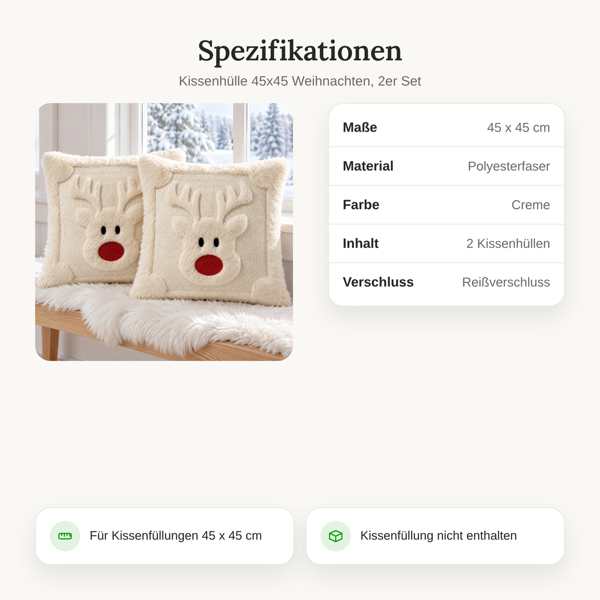 Mjuk textur på julkuddfodral i plysch med renmotiv