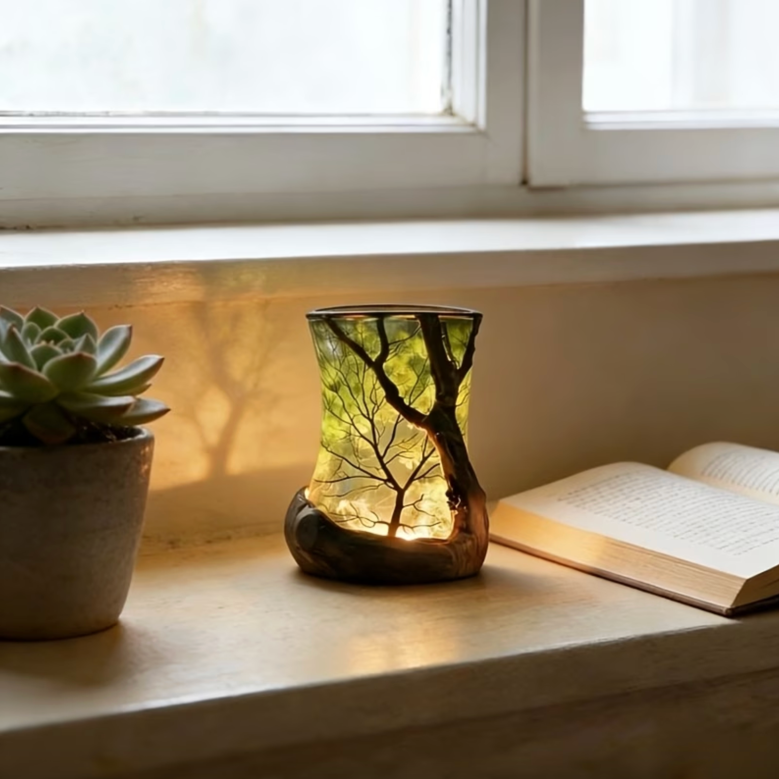 Tänd bordslampa med varm LED-belysning och trädgrenmönster