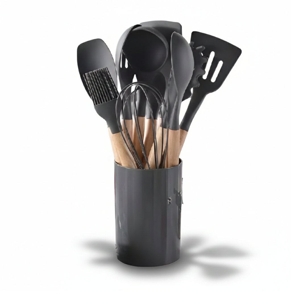 Köksredskapsset i 12 delar – Silikon & Trä, Non-stick, Värmebeständigt med Förvaringsbehållare