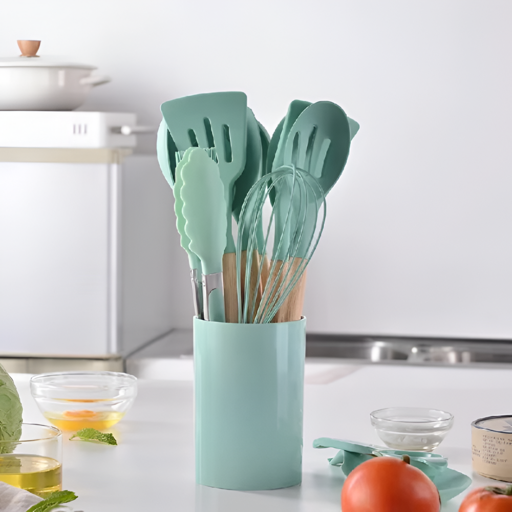 Köksredskapsset i 12 delar – Silikon & Trä, Non-stick, Värmebeständigt med Förvaringsbehållare