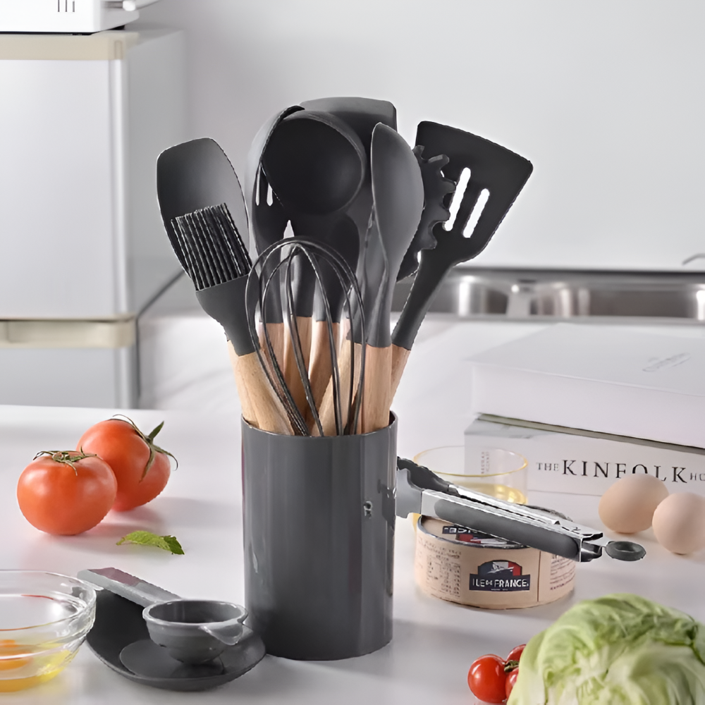Köksredskapsset i 12 delar – Silikon & Trä, Non-stick, Värmebeständigt med Förvaringsbehållare