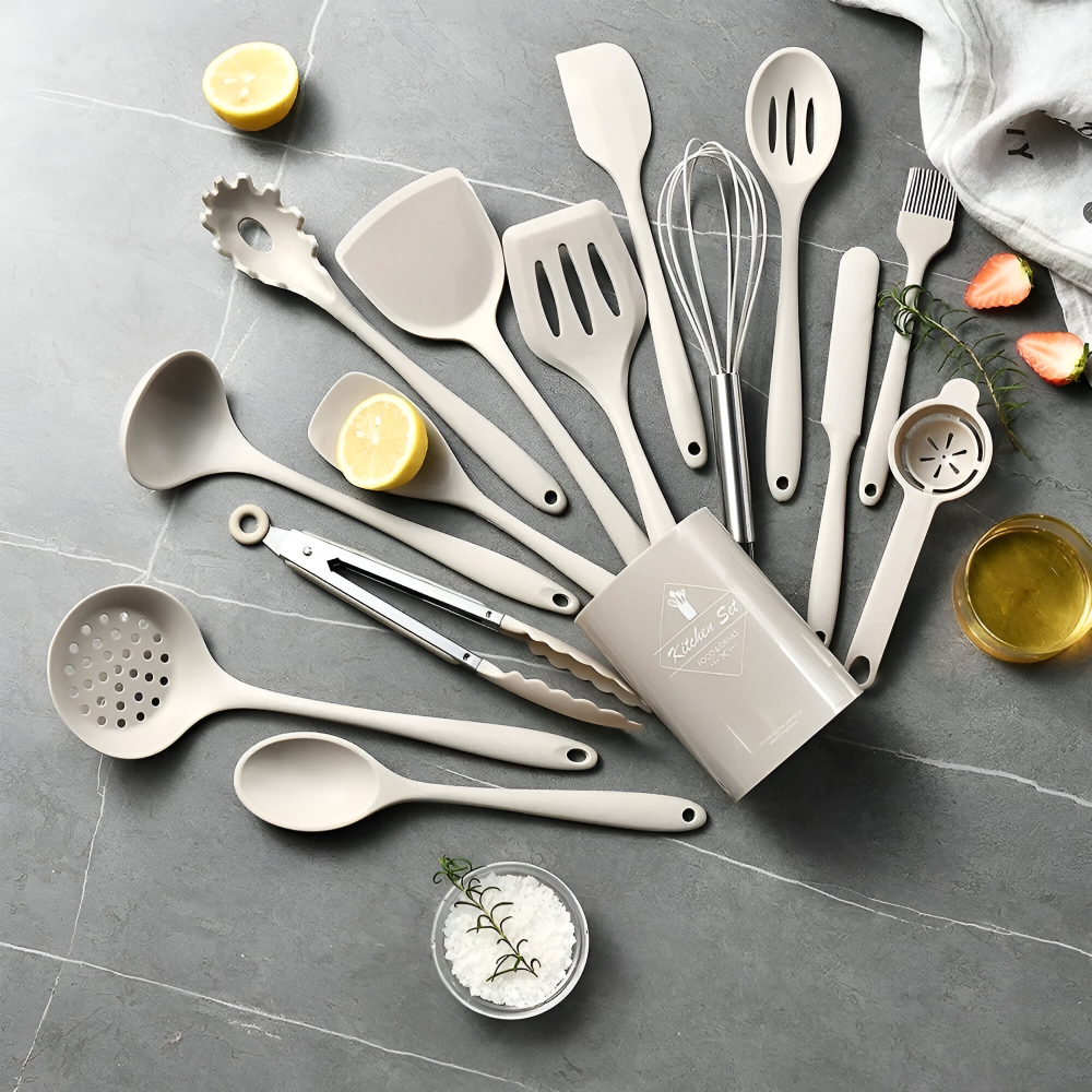 15-delars Silikon Köksredskapsset Khaki - Värmebeständiga Köksslevar & Stekspadar - Livsmedelsäkra & Diskmaskinssäkra