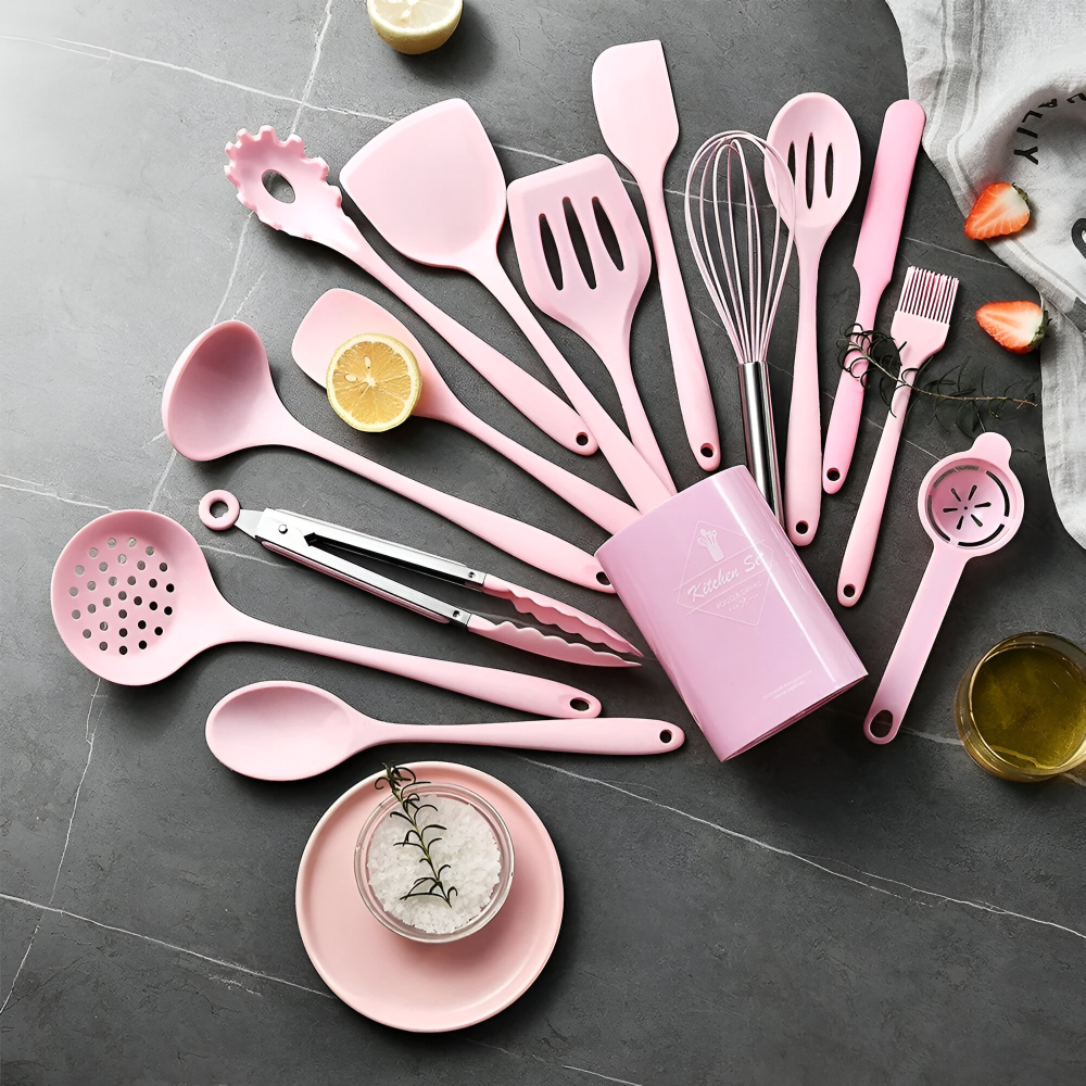 15-delars Silikon Köksredskapsset Khaki - Värmebeständiga Köksslevar & Stekspadar - Livsmedelsäkra & Diskmaskinssäkra