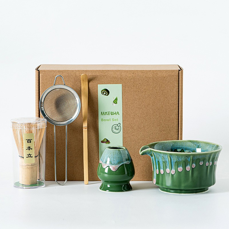 Japanskt Matcha Te Set - 6-delat - Keramisk Matcha Skål, Bambusvisp, Sikt & Sked - Presentset