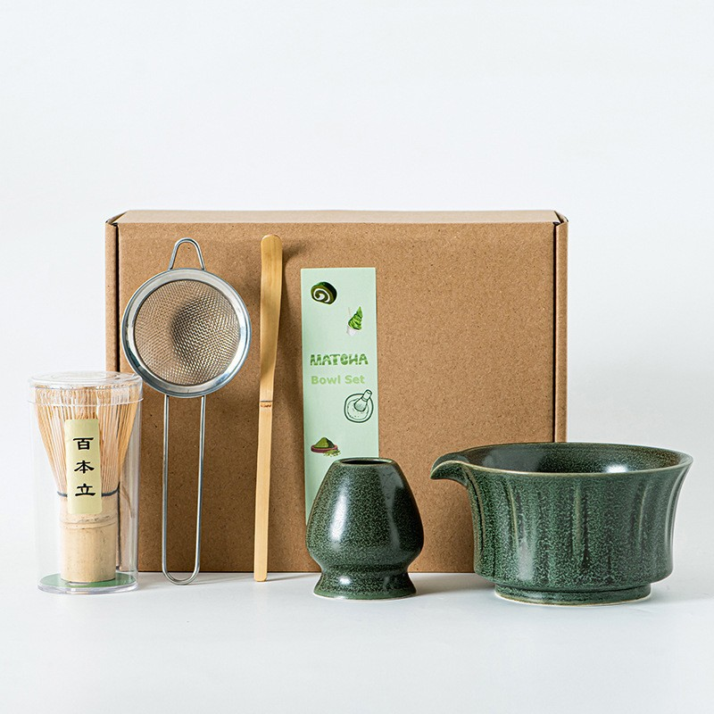 Japanskt Matcha Te Set - 6-delat - Keramisk Matcha Skål, Bambusvisp, Sikt & Sked - Presentset