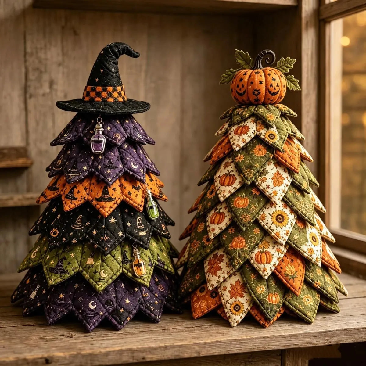 Quiltad tygdekoration i form av ett halloweeninspirerat träd