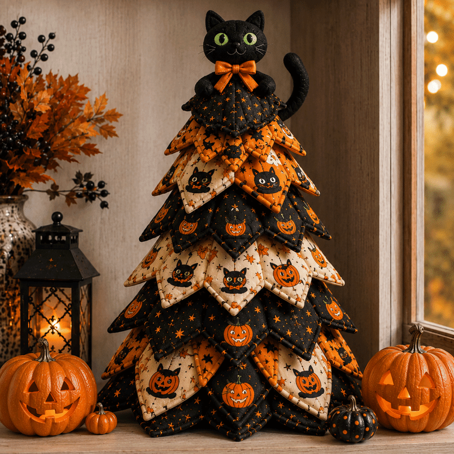 DIY-sykit för att skapa en quiltad halloweenprydnad i tyg