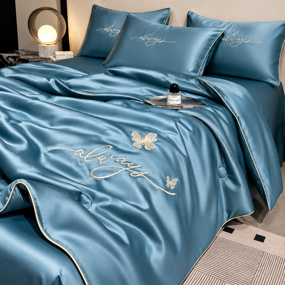 Lätt och andningsbart sommartäcke draperat över säng i modernt sovrum