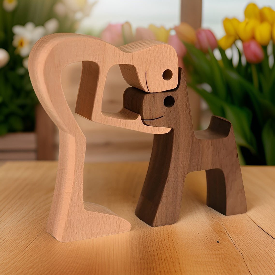 Träskulptur av hund och människa handgjord figur