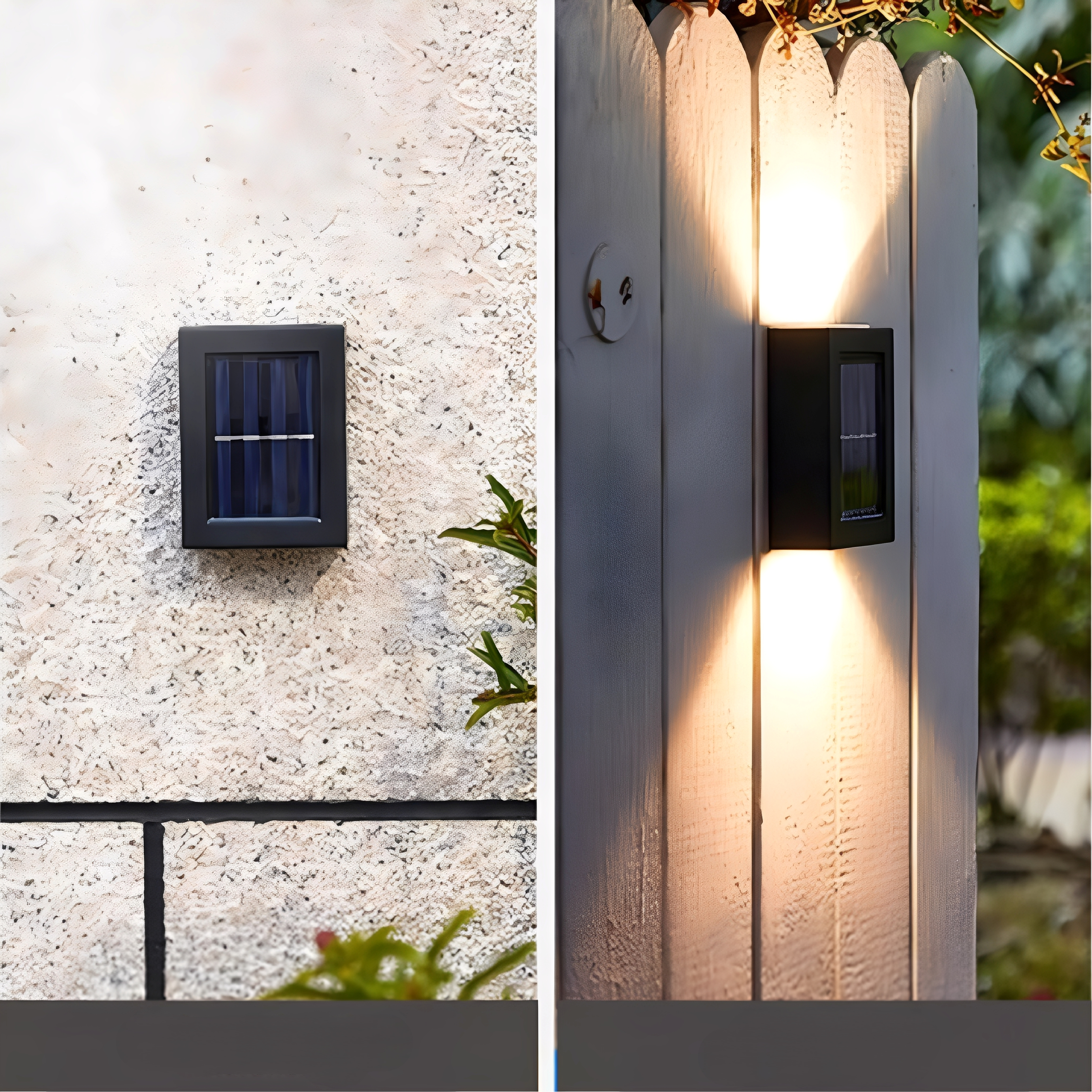Närbild av solcellsdriven trädgårdslampa med varmvit belysning