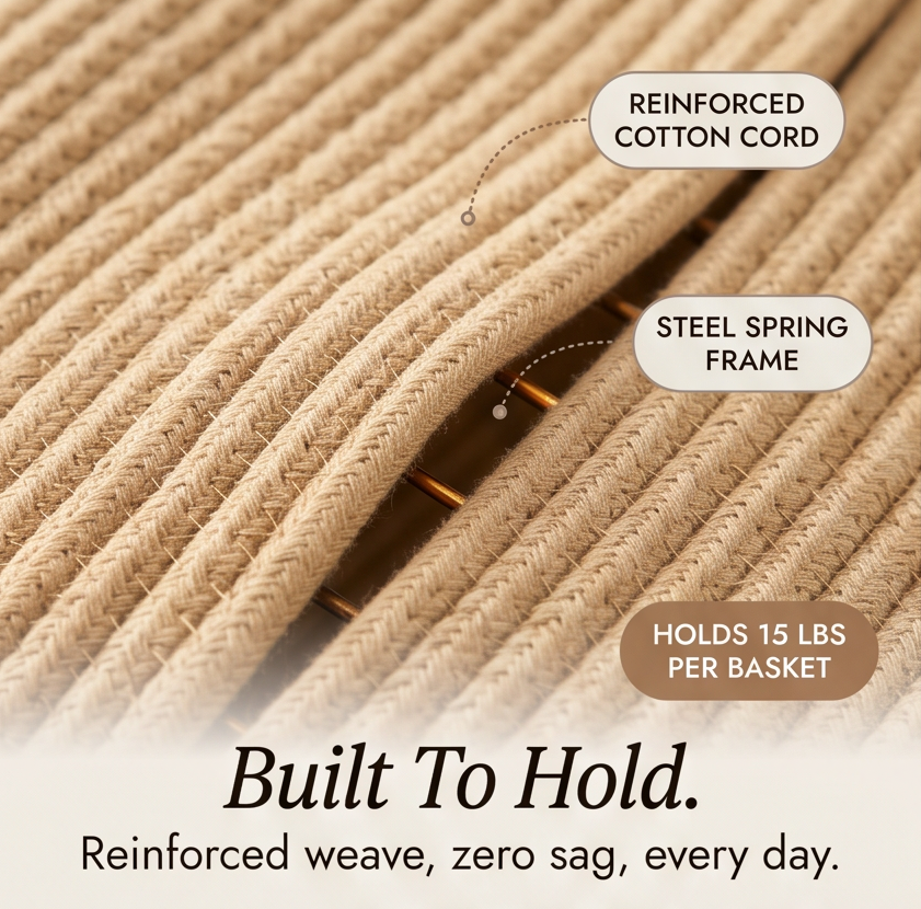 Detaljbild av upphängning och korgar på hängande dörrförvaring
