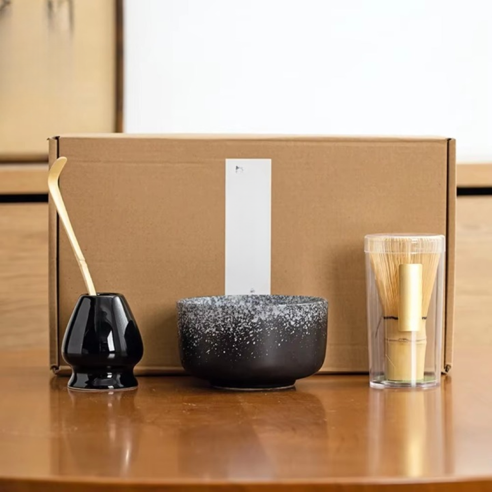Matcha-Set 4-delar – Handgjord Keramikskål, Hållare, Bambusked (Chasen) & Bambusmatcha-sked (Chashaku)