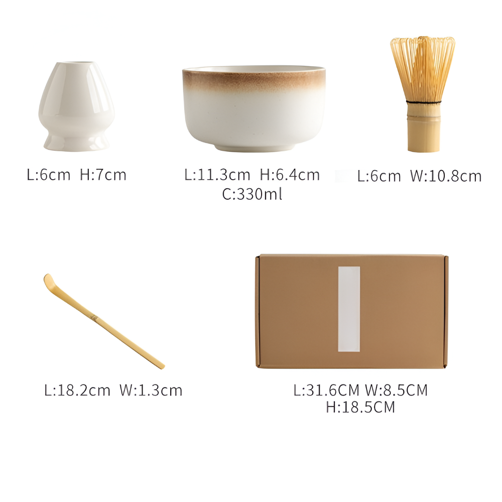 Matcha-Set 4-delar – Handgjord Keramikskål, Hållare, Bambusked (Chasen) & Bambusmatcha-sked (Chashaku)