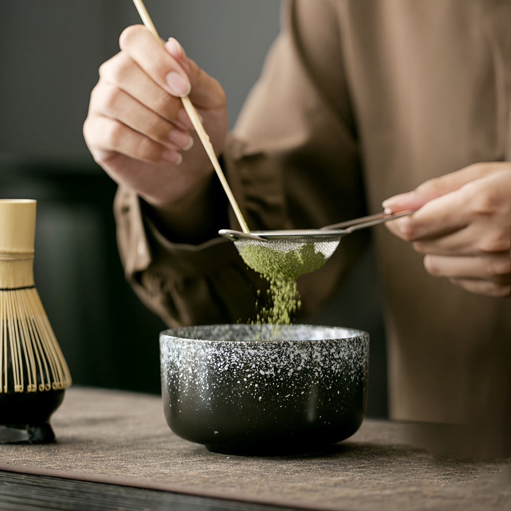 Matcha-Set 4-delar – Handgjord Keramikskål, Hållare, Bambusked (Chasen) & Bambusmatcha-sked (Chashaku)
