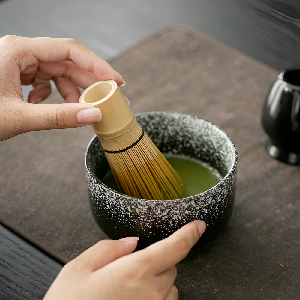 Matcha-Set 4-delar – Handgjord Keramikskål, Hållare, Bambusked (Chasen) & Bambusmatcha-sked (Chashaku)