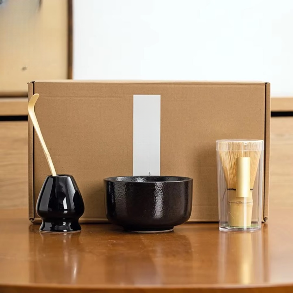 Matcha-Set 4-delar – Handgjord Keramikskål, Hållare, Bambusked (Chasen) & Bambusmatcha-sked (Chashaku)