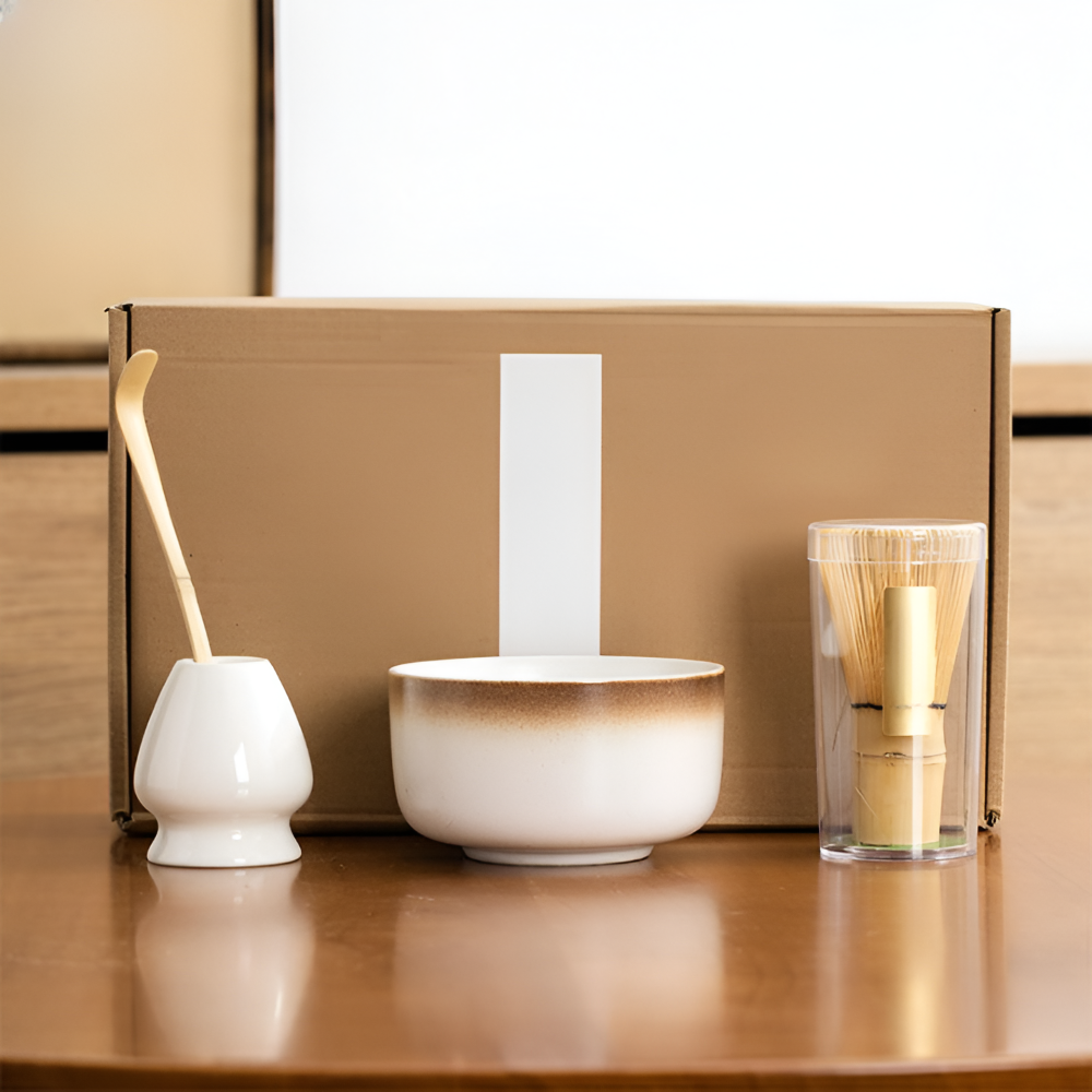 Matcha-Set 4-delar – Handgjord Keramikskål, Hållare, Bambusked (Chasen) & Bambusmatcha-sked (Chashaku)